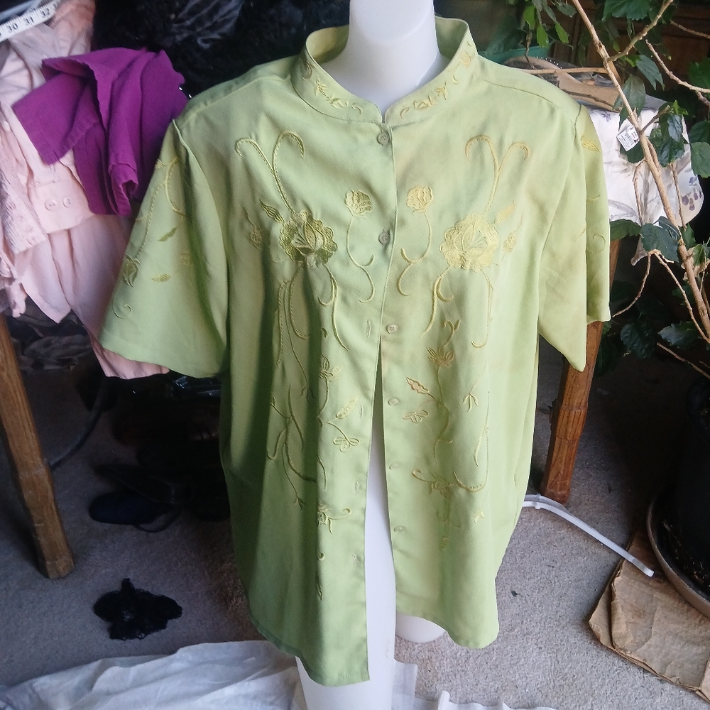 Embroidered Light Green Button-Up Shirt